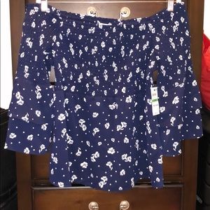 Dark Blue Flowered Off The Shoulder Shirt